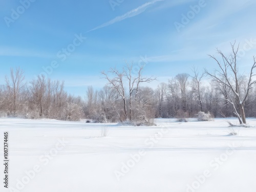 Snow-covered landscape with barren trees and clear blue sky in the background, tranquil, chilly