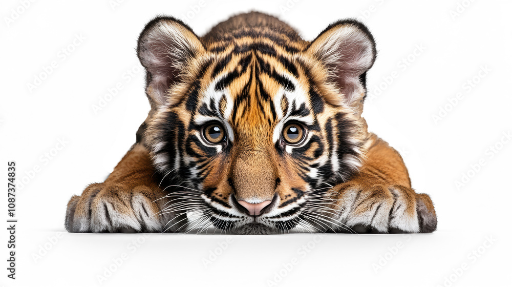 Obraz premium Curious Tiger Cub on White Background