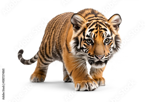 Tiger Cub Walking Forward on White Background