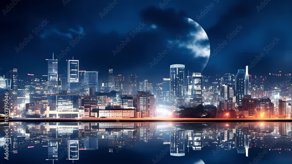 A city skyline at night, illuminated by lights, with a large moon and clouds reflecting on a body of water. A city skyline at night, illuminated by lights, with a large moon and clouds reflecting on a body of water.