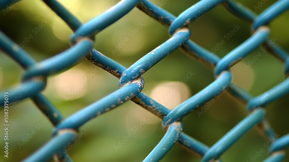 Fototapeta premium Close-up of a blue chain-link fence with a blurred background.