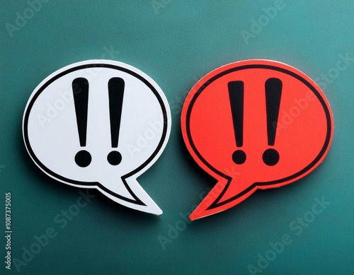 Conceptual symbols representing an argument and disagreement, featuring elements like speech bubbles, exclamation marks, and conflicting arrows, symbolizing debate, conflict, and opposing views. photo