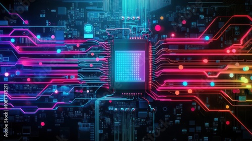 Motherboard interwoven with data fibers, vibrant colors, hightech neon lights, cyber aesthetic, digital painting with AI