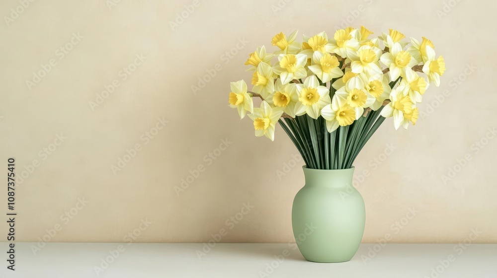 A bouquet of pastel yellow daffodils in a pale green vase on a plain table, highresolution and natural light A bouquet of pastel yellow daffodils in a pale green vase on a plain table, highresolution and natural light