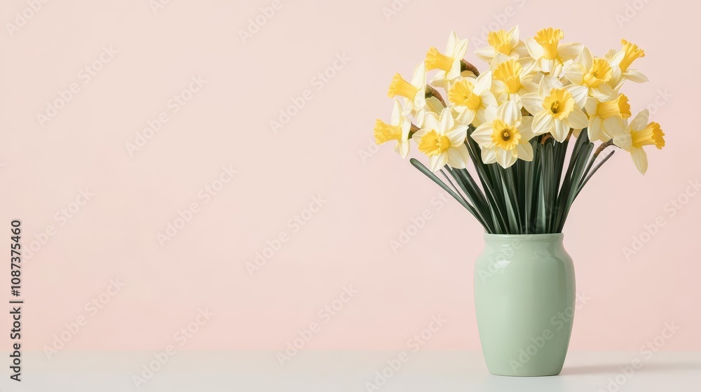 A bouquet of pastel yellow daffodils in a pale green vase on a plain table, highresolution and natural light A bouquet of pastel yellow daffodils in a pale green vase on a plain table, highresolution and natural light