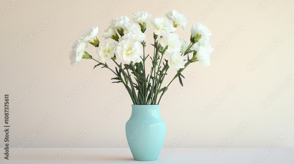 A vase filled with white carnations in a soft blue pastel vase, placed on a plain table, realistic photo A vase filled with white carnations in a soft blue pastel vase, placed on a plain table, realistic photo