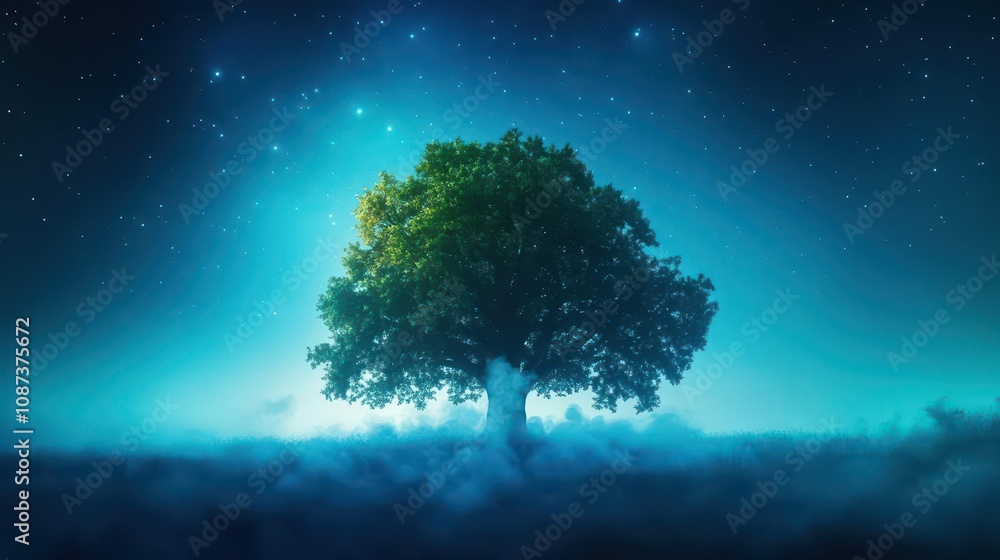 Majestic oak tree releasing swirling oxygen mist under moonlight, surrounded by soft stars and cool blue tones Majestic oak tree releasing swirling oxygen mist under moonlight, surrounded by soft stars and cool blue tones