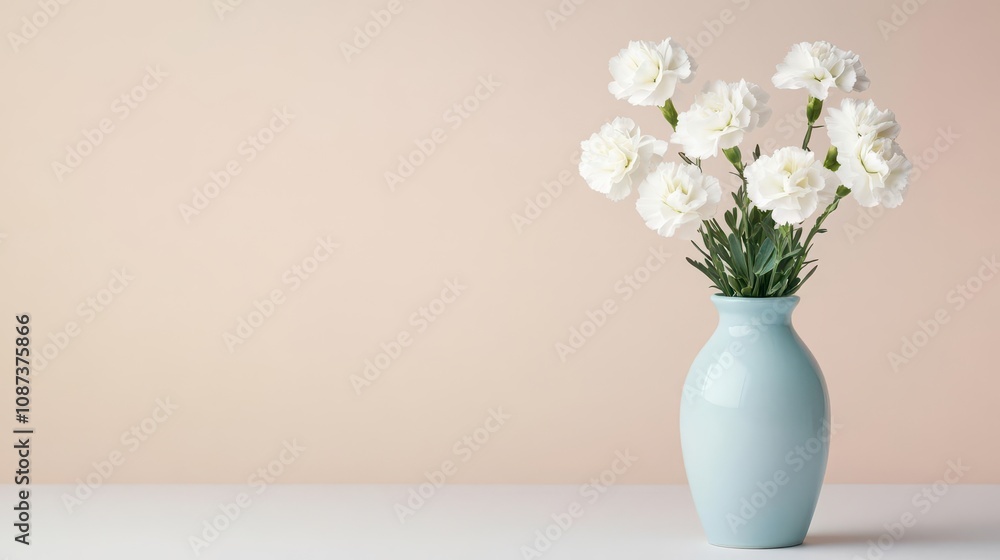 Delicate white carnations in a pale blue vase on a plain table, food photography style, high resolution Delicate white carnations in a pale blue vase on a plain table, food photography style, high resolution