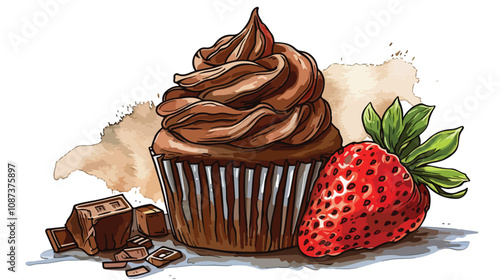 Delicious Chocolate Cupcake with Fresh Strawberry - Vector Illustration