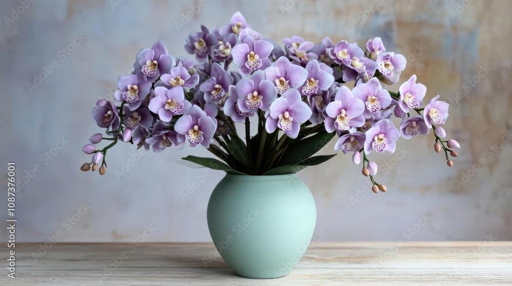 Lavender orchids in a soft green pastel vase, on a bare wooden table, realistic and detailed Lavender orchids in a soft green pastel vase, on a bare wooden table, realistic and detailed