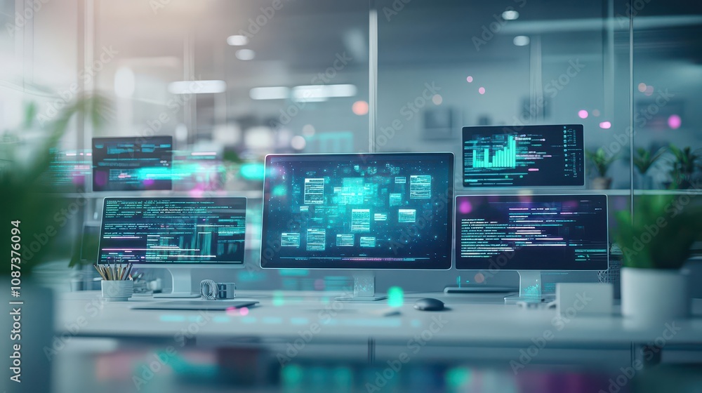 Home office with multiple screens, digital notes in holographic display, plants and modern decor, soft natural light, futuristic workspace Home office with multiple screens, digital notes in holographic display, plants and modern decor, soft natural light, futuristic workspace
