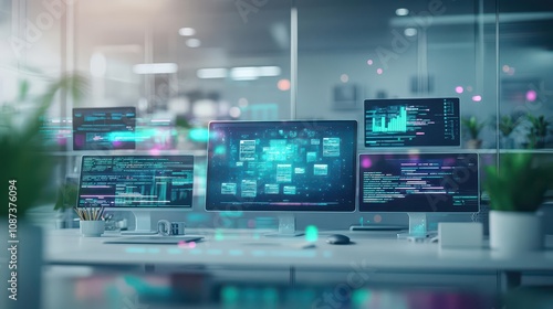 Wallpaper Mural Home office with multiple screens, digital notes in holographic display, plants and modern decor, soft natural light, futuristic workspace Torontodigital.ca