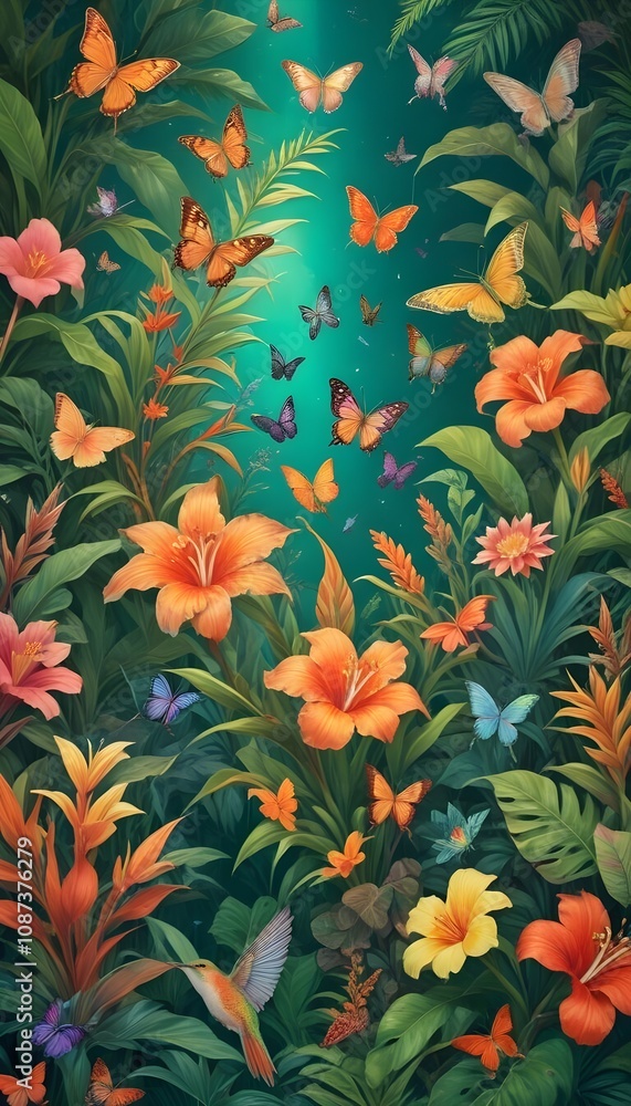 Tropical exotic pattern with animal and flowers in bright colors and lush vegetation Tropical exotic pattern with animal and flowers in bright colors and lush vegetation