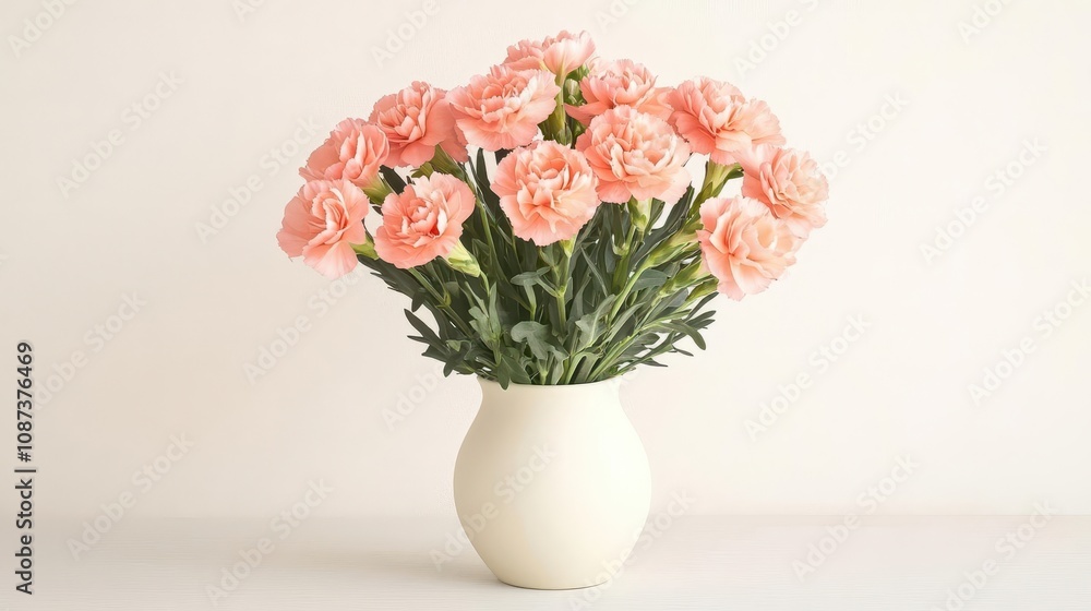 Pastel pink carnations in a creamcolored vase on a plain table, food photography style Pastel pink carnations in a creamcolored vase on a plain table, food photography style