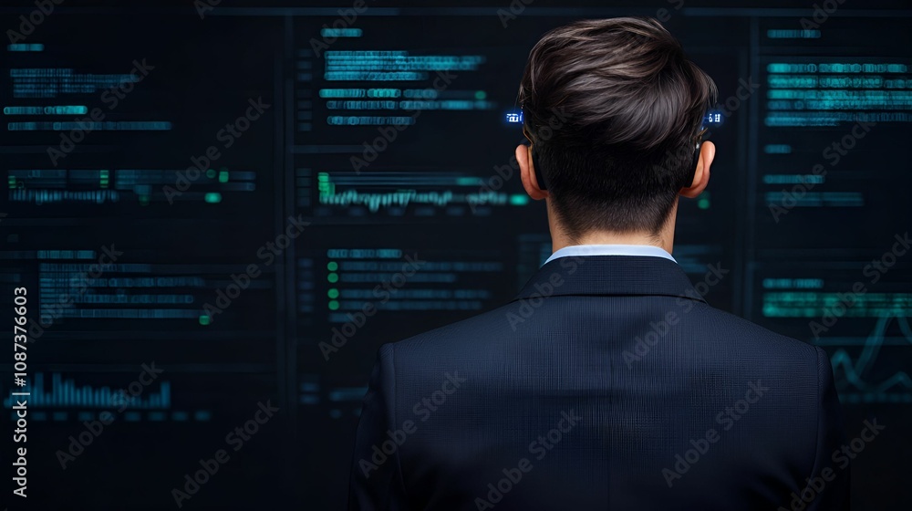 A focused individual analyzes data on multiple screens, showcasing a high-tech environment. A focused individual analyzes data on multiple screens, showcasing a high-tech environment.