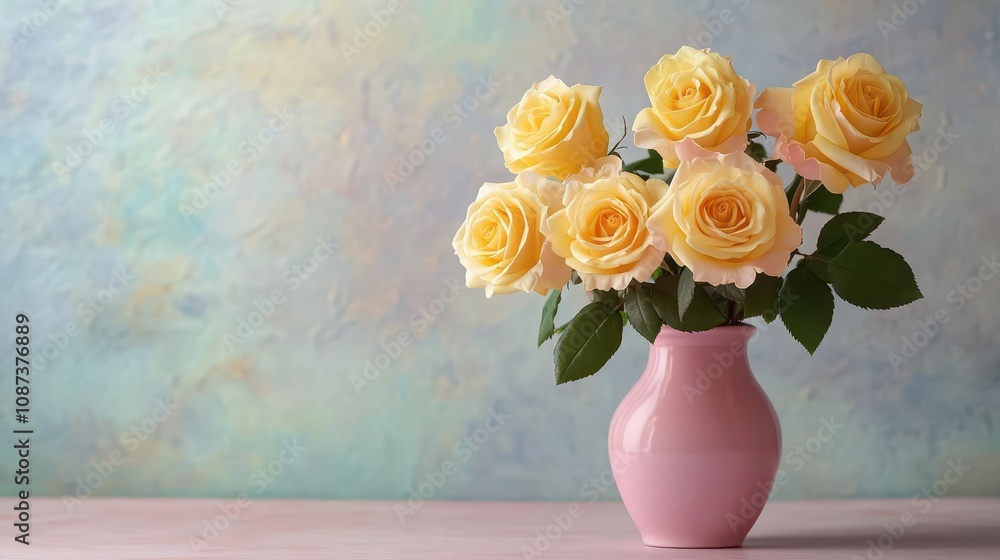 Soft yellow roses in a pastel pink vase on an empty table, highresolution, no harsh lighting Soft yellow roses in a pastel pink vase on an empty table, highresolution, no harsh lighting