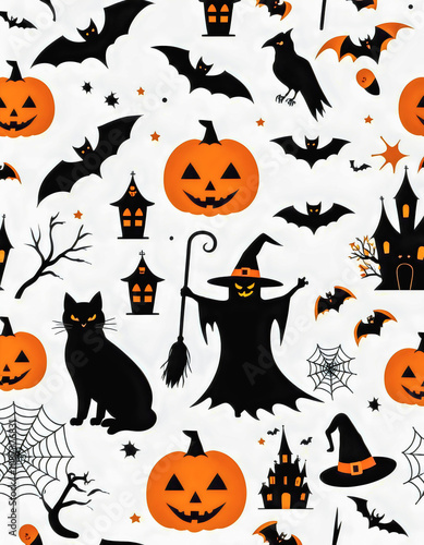 Halloween Seamless Pattern with Pumpkins, Bats, Witch, and Castle