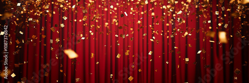 Golden confetti falling in front of elegant red curtains