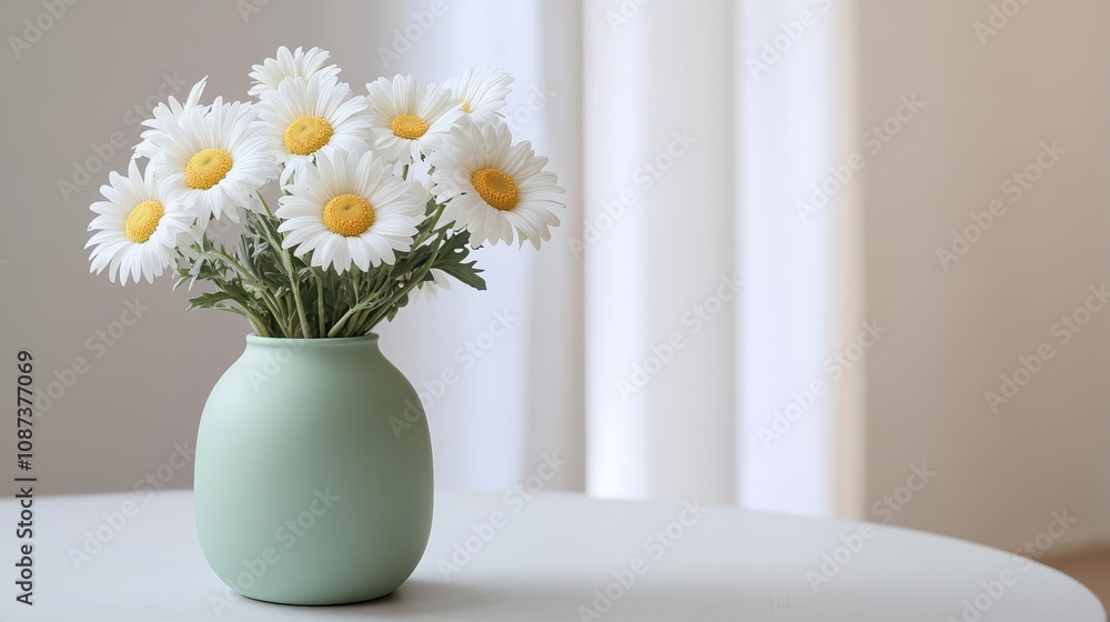 White daisies in a pastel green vase on a bare table, realistic photo, highresolution White daisies in a pastel green vase on a bare table, realistic photo, highresolution