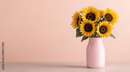 Sunflowers in a pastel pink vase, on an empty table, highresolution, realistic and detailed photo