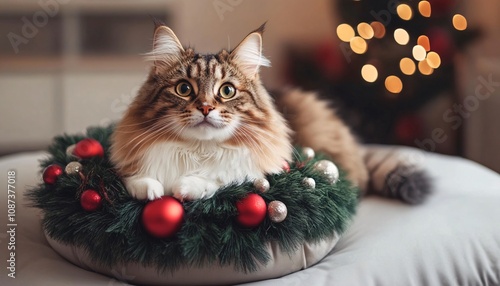 A cute cat perched on a cozy pillow resembling a miniature wreath, embodying the festive spirit of Christmas with its playful charm.