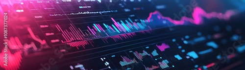 Wallpaper Mural A vibrant digital illustration of financial data visualizations, featuring colorful graphs and charts against a dark background, suggesting market analysis and trends. Torontodigital.ca