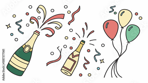 champagne bottles and glasses, festive party icons, New Year celebration design