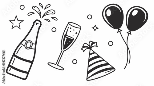 champagne bottles and glasses, festive party icons, New Year celebration design