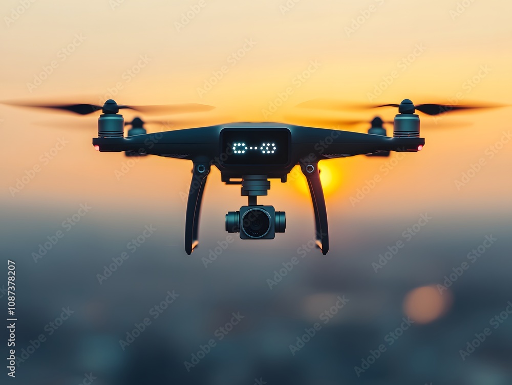 Aerial Drone Capturing Stunning Sunset Over Cityscape, High-Resolution Image of Drone with Camera in Focus Against Beautiful Golden Sky at Dusk Aerial Drone Capturing Stunning Sunset Over Cityscape, High-Resolution Image of Drone with Camera in Focus Against Beautiful Golden Sky at Dusk