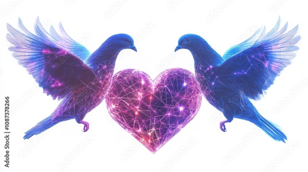 Fototapeta premium A pair of doves holding a glowing digital heart. Meaning of peace and love. Isolated on white background.