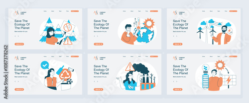 Ecology concept of landing page with slide templates set in flat design. Website headers with people stop forest fires, climate changes with warming, using alternative energy. Vector illustrations.