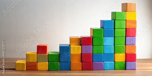 Colorful Wooden Blocks Stacked in Ascending Order to Form a Staircase Shape on a Wooden Surface