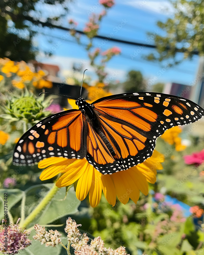 Fototapeta premium A monarch butterfly with distinctive orange and black wings delicately perches on a large, yellow sunflower