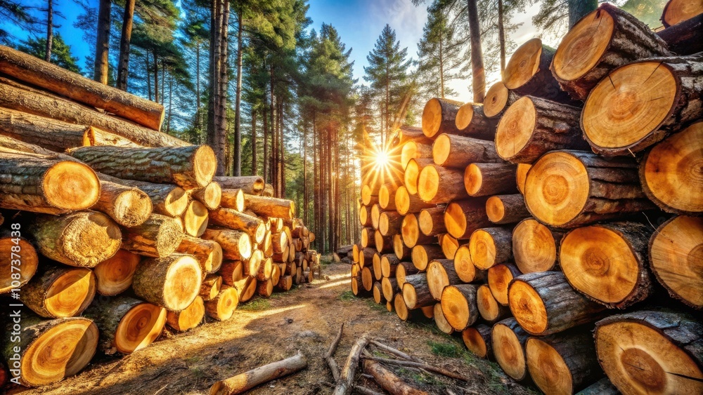Sunlight Streams Through Tall Trees Illuminating Stacks Of Freshly Cut Logs In A Forest Clearing Sunlight Streams Through Tall Trees Illuminating Stacks Of Freshly Cut Logs In A Forest Clearing
