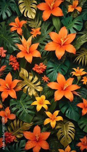 Tropical exotic pattern with animal and flowers in bright colors and lush vegetation