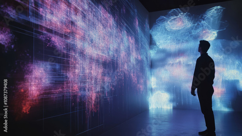 AI-powered app interface projected on a holographic screen, with a user interacting seamlessly