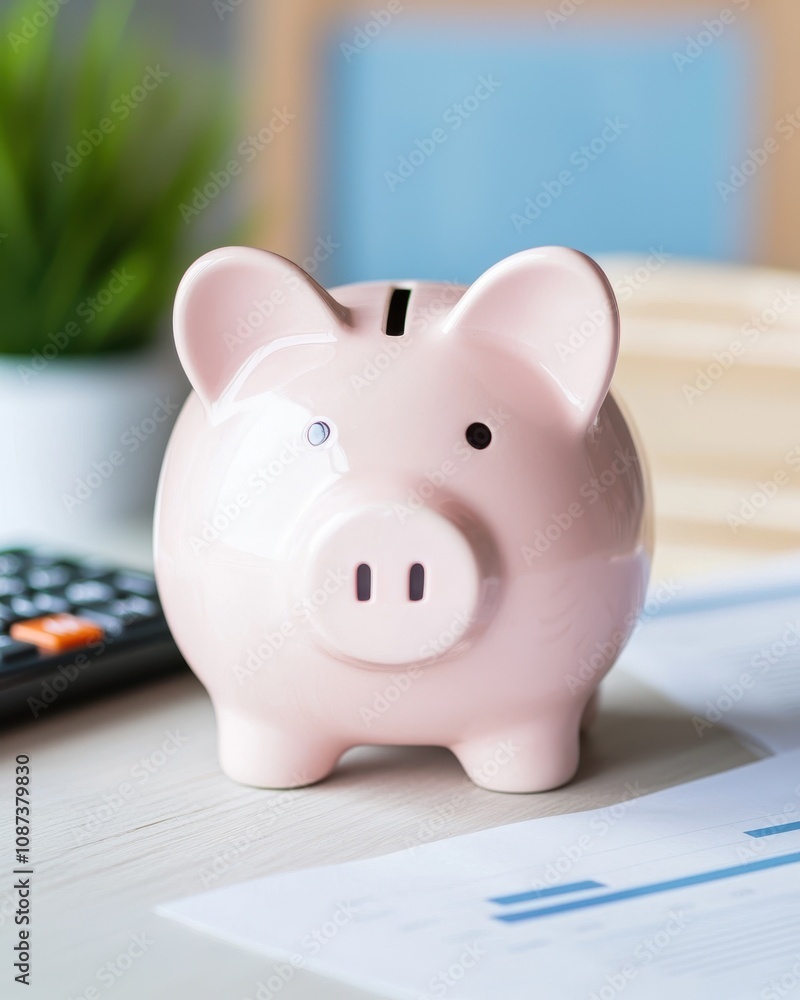 A pink piggy bank sits on a desk with a calculator and financial papers, symbolizing savings and financial planning. A pink piggy bank sits on a desk with a calculator and financial papers, symbolizing savings and financial planning.