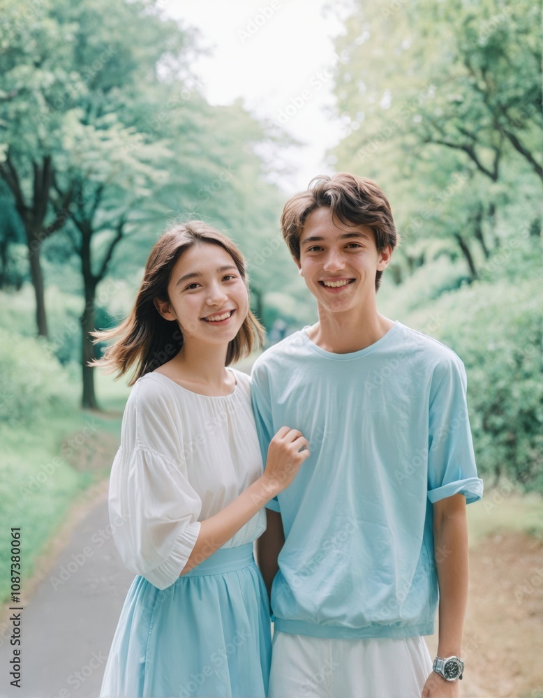 Portrait photo of a couple looking happy, bright green garden background Portrait photo of a couple looking happy, bright green garden background