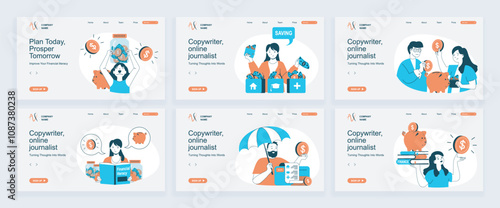 Financial literacy concept of landing page with slide templates set in flat design. Website headers with people saving money, managing and control personal finance, invest money. Vector illustrations.
