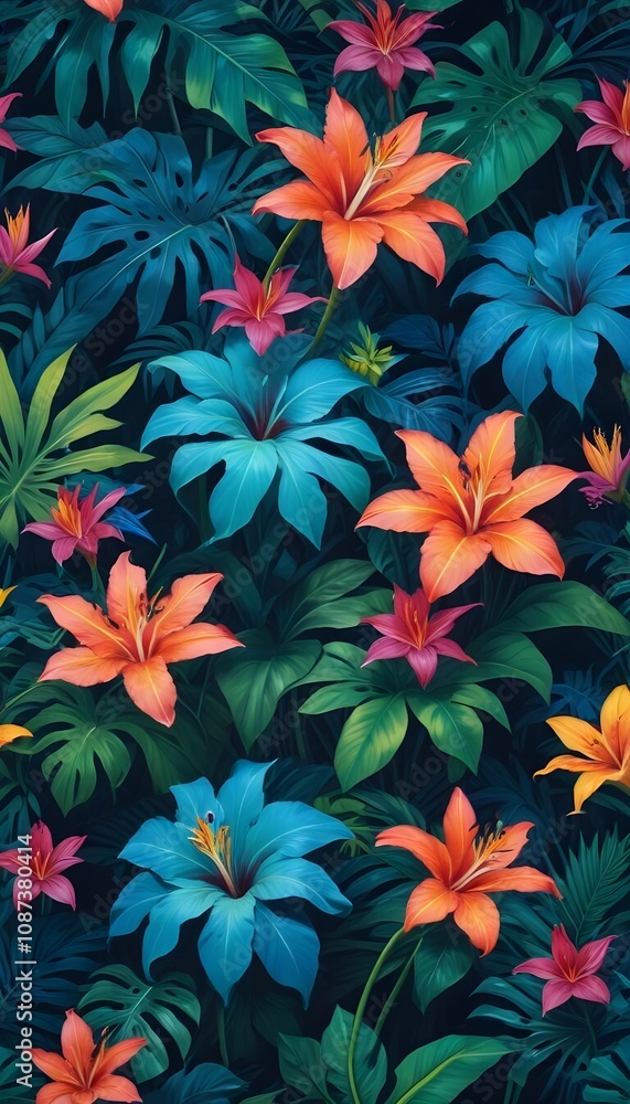 Tropical exotic pattern with animal and flowers in bright colors and lush vegetation Tropical exotic pattern with animal and flowers in bright colors and lush vegetation