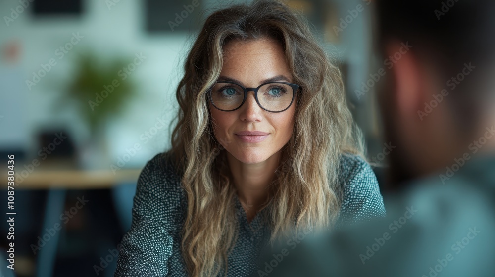 A woman with curly hair and glasses focuses on a conversation, dressed smartly in a patterned blouse, creating an intellectual and engaging atmosphere indoors. A woman with curly hair and glasses focuses on a conversation, dressed smartly in a patterned blouse, creating an intellectual and engaging atmosphere indoors.