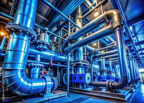 Industrial Equipment and Piping Systems Showcase Advanced Technology and Engineering in Vibrant Blue Colors