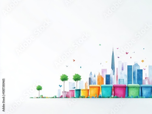 Bright watercolor cityscape with sustainable bins and green trees, emphasizing community recycling efforts in every corner photo