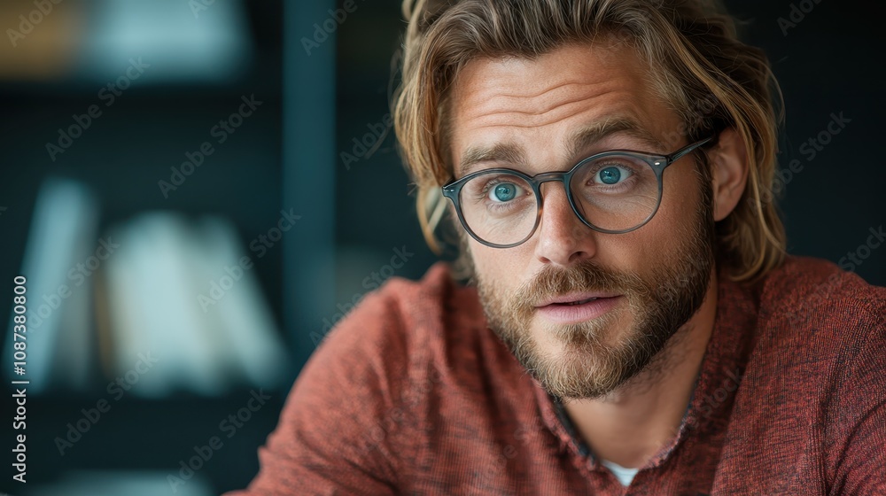 A casually dressed long-haired man with glasses in a red shirt showing a surprised expression, capturing a candid, spontaneous moment in a cozy indoor setting. A casually dressed long-haired man with glasses in a red shirt showing a surprised expression, capturing a candid, spontaneous moment in a cozy indoor setting.