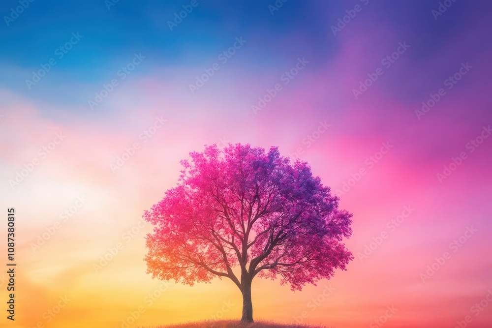 Ancient tree radiating oxygen from its leaves, glowing softly against a colorful twilight sky Ancient tree radiating oxygen from its leaves, glowing softly against a colorful twilight sky
