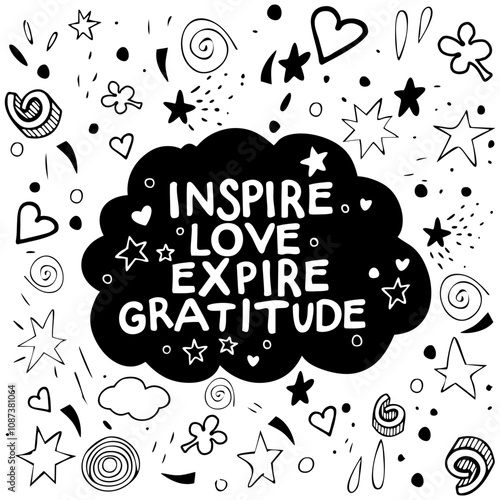 Dicton Expression Inspire l'Amour, Expire la Gratitude en Anglais - Lettrage entouré de Gribouillis abstraits - Vecteur