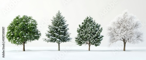 Four different types of evergreen trees in snow, on a white background, photorealistic, high resolution, high detail