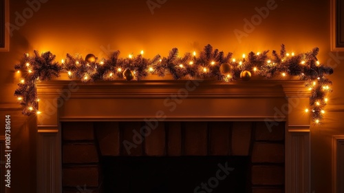 Festive garland with lights adorning a cozy mantelpiece during winter season