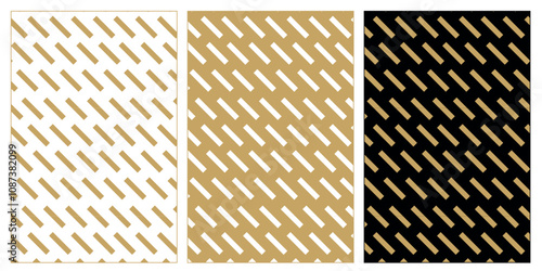 Set of patterns with crosses, stripes, lines. Seamless vector background. White, gold and black ornament. Modern reticulated graphic design.