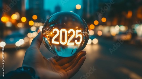 Hand holds glass ball with glowing number 